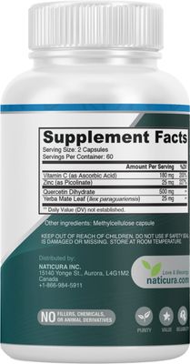 Naticura Zinc Quercetin with Vitamin C and Yerba Mate - 4-in-1 Nutritional Immune Support Supplement - 120 Veggie Capsules - Made in the USA