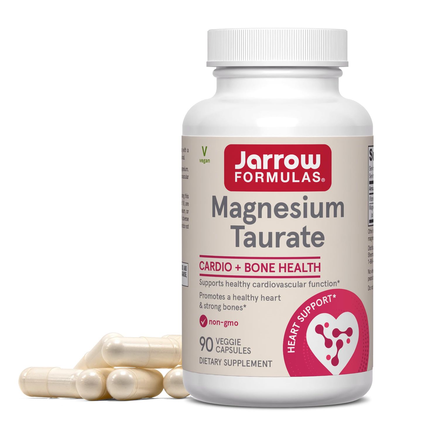 Jarrow Formulas Magnesium Taurate, Dietary Supplement, Supports Cardio and Bone Health, 300 mg per Servings, 90 Veggie Capsules, Up to a 30 Day Supply