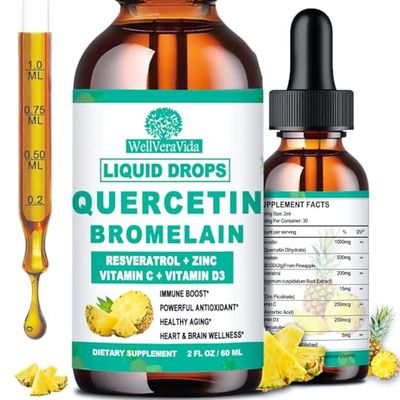 Quercetin with Bromelain Liquid Drops, 4X Stronger Than Capsules Pills, 7-in-1 Organic Zinc Quercetin 1000mg with Bromelain 500mg Vitamin C D3 Immune Support for Respiratory Health Antioxidant