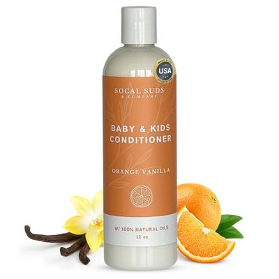 SoCal Suds Company - Organic Baby Kids Conditioner - Moisture Baby Hair Conditioner - Gentle Natural Vitamin Rich Ingredient Organic Oils for Babies and Kids Sensitive Scalp - Orange Vanilla 12oz