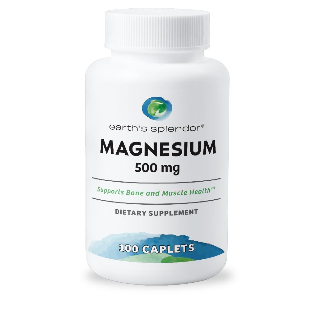 Earth&#39;s Splendor Bone Muscle Dietary Magnesium Supplement for Men Women, No Artificial Preservative or Flavor, Supports Bone Muscle Health, Wheat Free (500mg, 100 Caplets)