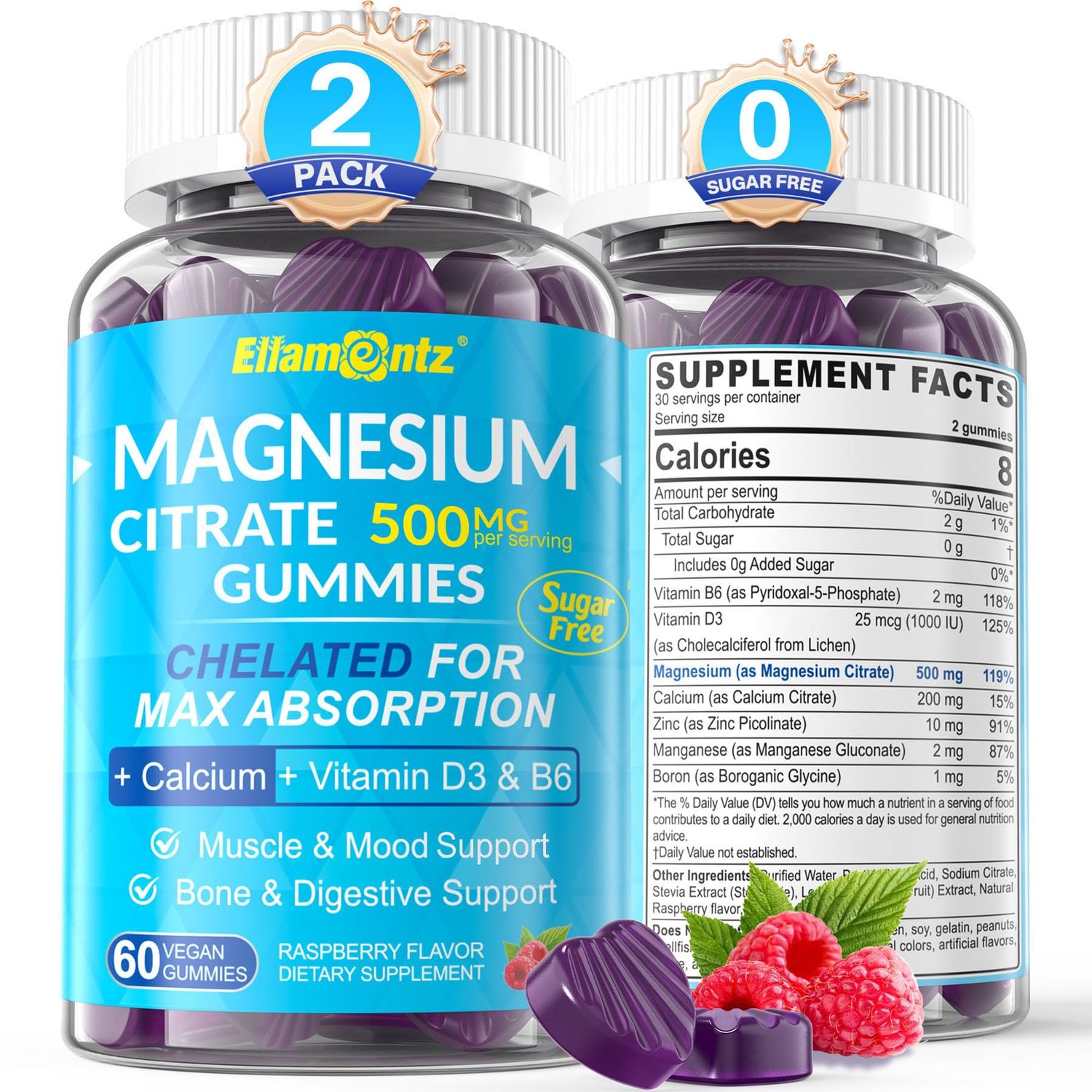 Magnesium Citrate Gummies 500mg for Women Men Sugar-Free, Chelated Magnesium Calm Gummies with B6 for Mood, Constipation Calcium Magnesium Zinc D3 Supplement Gummy for Bone Muscle Support- Vegan