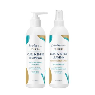 Bundles Bits KIDS Shampoo and Leave-In Conditioner Spray - Gently Cleanses, Nourishes and Detangles Curly Hair - Plant-Based, Sulfate Paraben Free, 2 pieces, 8 oz each