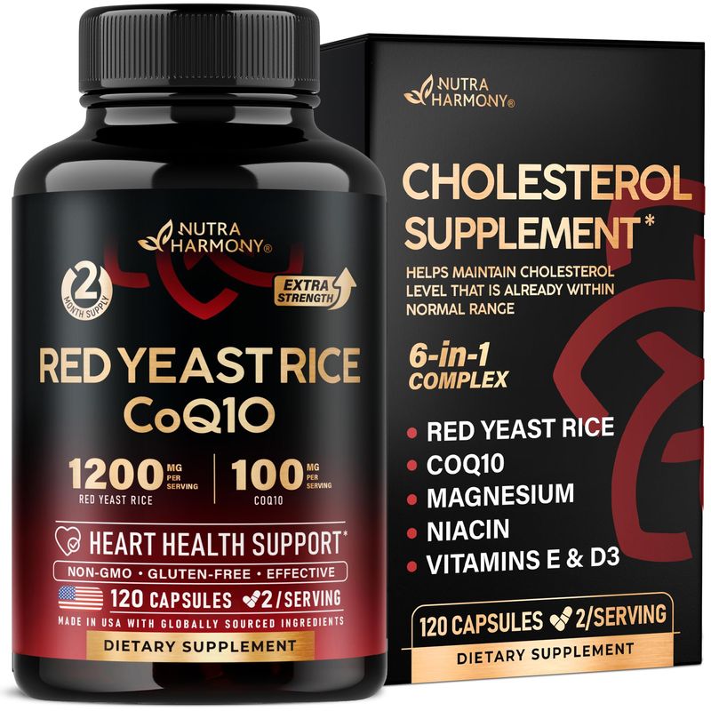 Red Yeast Rice 1200 mg with CoQ10 100 mg - with Magnesium Niacin Vitamin E D3 - Heart Health Support, Energy Metabolism - Effective, Flush-free Laboratory Tested - Made in USA, 120 Capsules