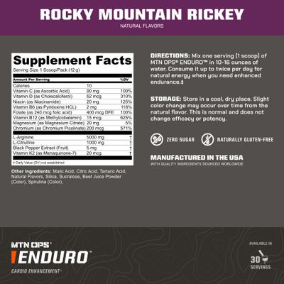 MTN OPS Enduro Nitric Oxide Stim Free Pre Workout Magnesium Citrate, L Arginine L Citrulline Caffeine Free Preworkout 30 Serving Rocky Mountain Ricky