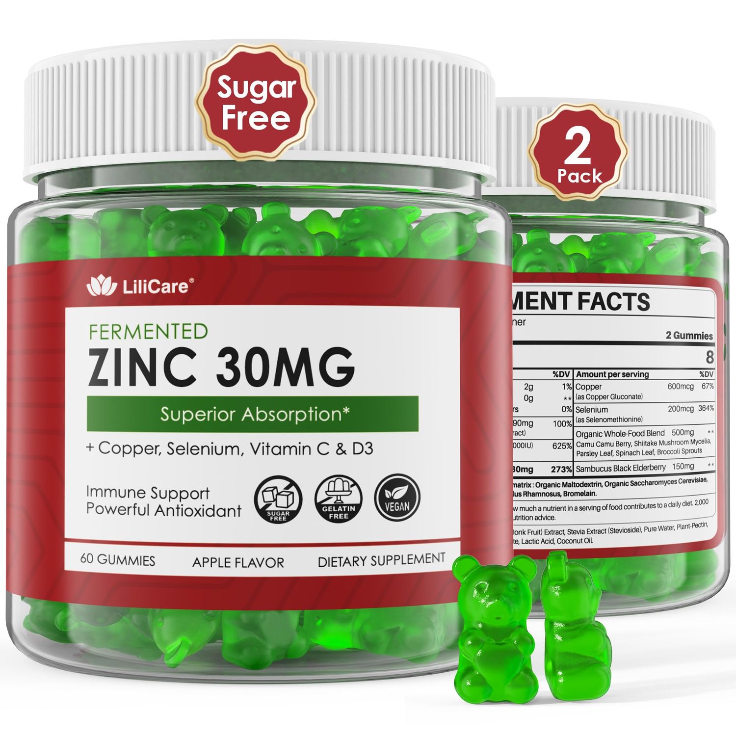 Zinc Gummies Copper, Selenium, Vitamin C D3, Fermented Zinc Supplements for Women and Men with Elderberry for Daily Immune Support, Powerful Antioxidant, High Absorption, Vegan, Sugar Free, 2 Pack