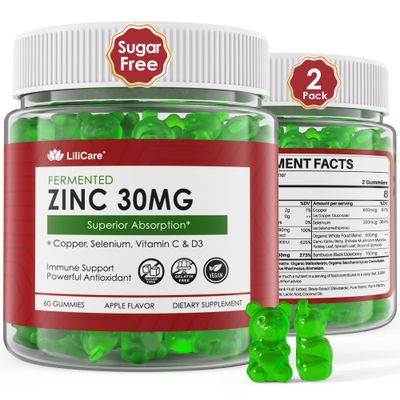 Zinc Gummies Copper, Selenium, Vitamin C D3, Fermented Zinc Supplements for Women and Men with Elderberry for Daily Immune Support, Powerful Antioxidant, High Absorption, Vegan, Sugar Free, 2 Pack