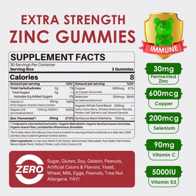 Zinc Gummies Copper, Selenium, Vitamin C D3, Fermented Zinc Supplements for Women and Men with Elderberry for Daily Immune Support, Powerful Antioxidant, High Absorption, Vegan, Sugar Free, 2 Pack