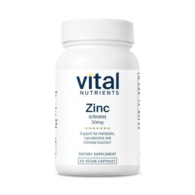Vital Nutrients Zinc Citrate 30mg Easily Absorbed Immune Support Supplement Vegan Zinc Supplement Gluten, Dairy, Soy Free Non-GMO 30mg 90 Capsules