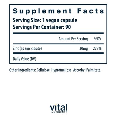 Vital Nutrients Zinc Citrate 30mg Easily Absorbed Immune Support Supplement Vegan Zinc Supplement Gluten, Dairy, Soy Free Non-GMO 30mg 90 Capsules