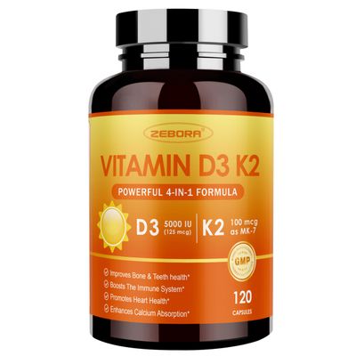 ZEBORA Vitamin D3 K2 with Zinc and Selenium - 5000 IU of Vitamin D3, 100 Mcg MK7 Vitamin K2 for Maximum Absorption, Supports Bones, Teeth Immune Healt, 120 Capsules