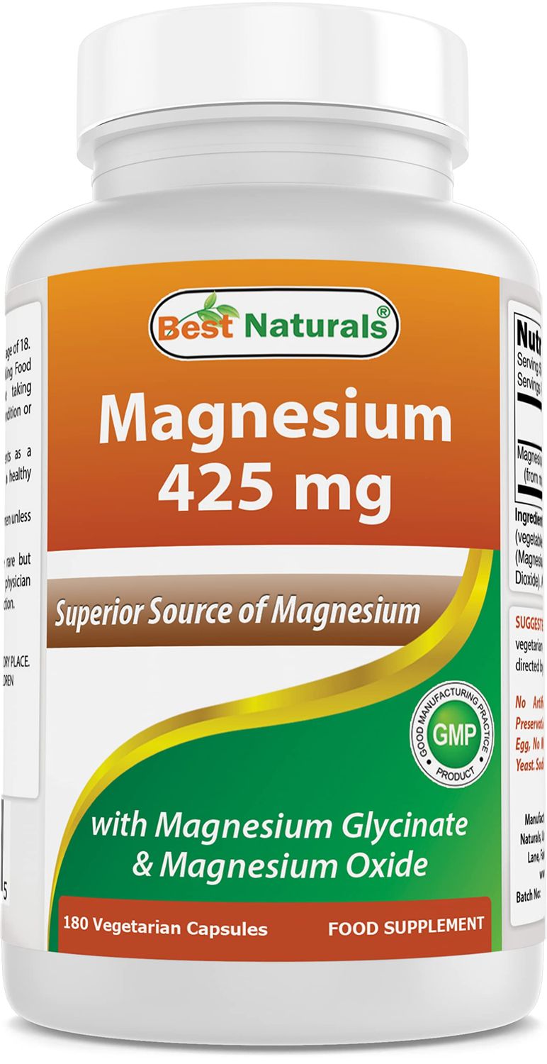 Best Naturals Magnesium 425 mg 180 Veggie Capsules - High Absorption Magnesium Glycinate Magnesium Oxide Chelated, Non-GMO, Gluten Free Muscle Relax (180 Count (Pack of 1))