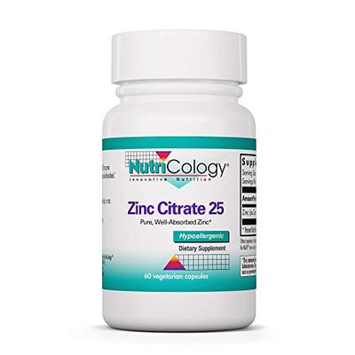 Nutricology Zinc Citrate Supplement - 25mg Zinc for Men Women, Immune Support, Pure, Well-Absorbed, Well-Tolerated, Trace Mineral, Vegetarian Capsules - 60 Count