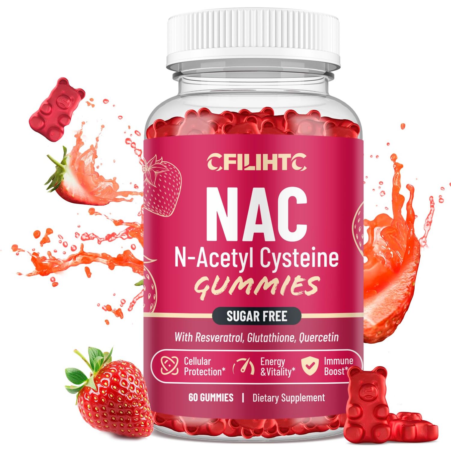 CFILIHTC NAC Gummies 600mg, N Acetyl Cysteine Supplement with Glutathione, Resveratrol, Magnesium, CoQ10, NAC Chewable for Antioxidants Immune Support, Strawberry Flavor 60 Gummies