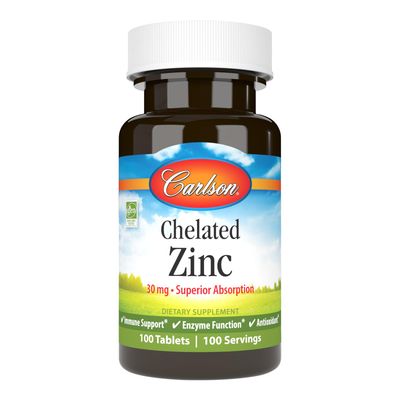 Carlson - Chelated Zinc, 30 mg - Superior Absorption, Immune Support Enzyme Function, Antioxidant, 100 tablets