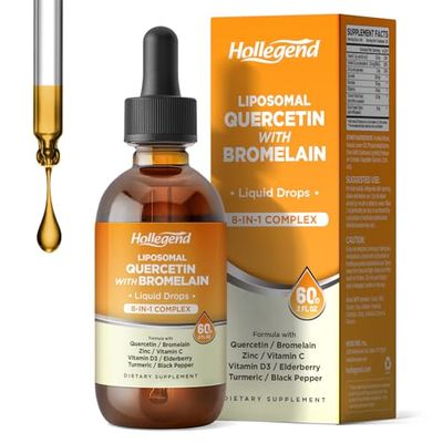 Liposomal Quercetin with Bromelain Liquid Drops, 8 in 1 Organic Quercetin 1000mg Supplements with Bromelain 500mg, Vitamin C, D3, Zinc, Elderberry, Turmeric for Immunity Respiratory Health, 2 Fl Oz