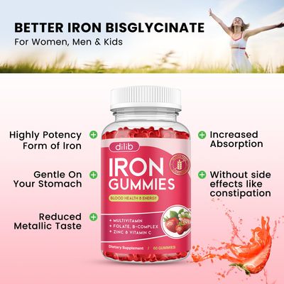 2 Pack Iron Gummies with Multivitamin, Iron Supplement for Women Men with Zinc, Vitamin B Complex C, B12, Folate - Blood Builder Energy Support for Adults Kids - Strawberry Flavor, Vegan 120ct