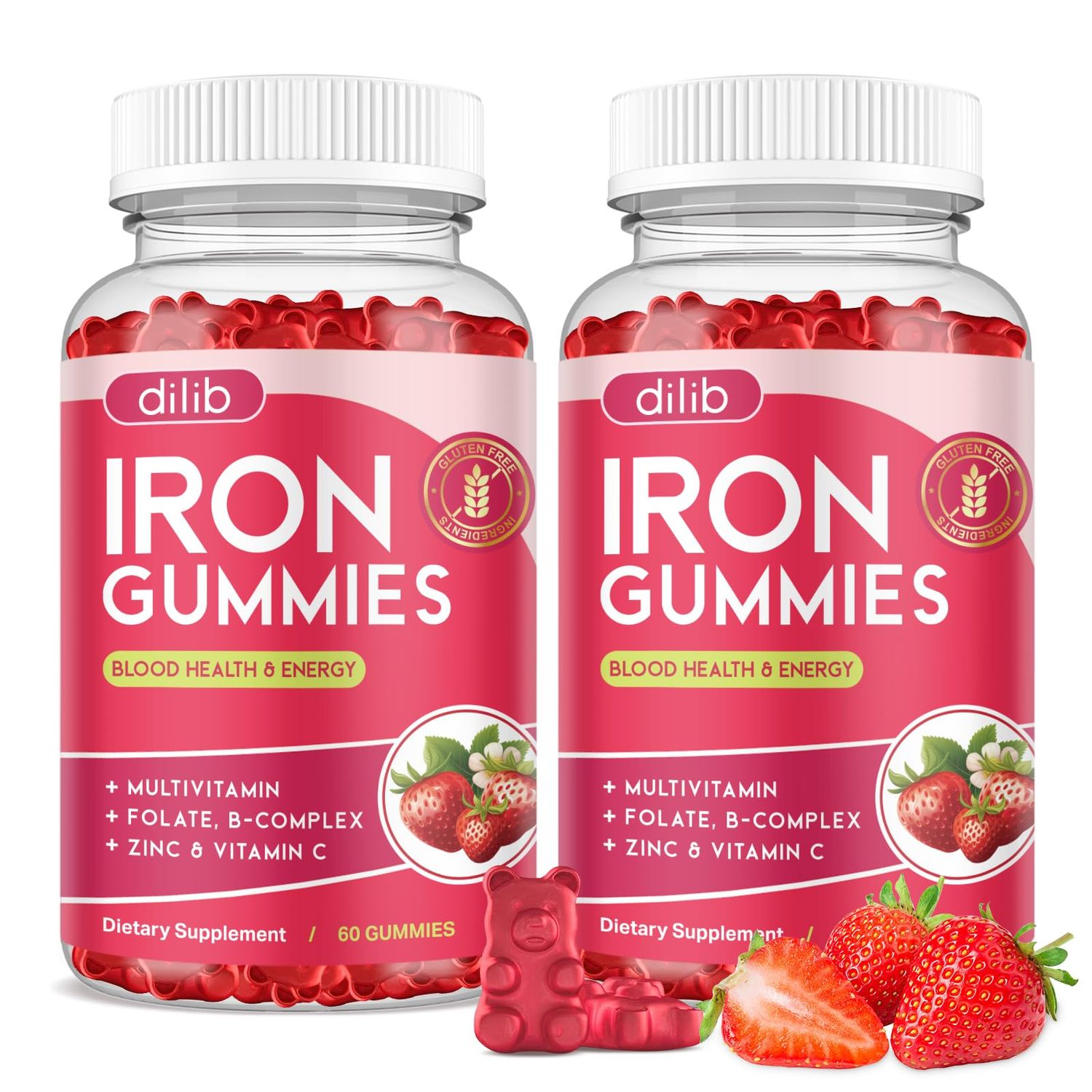2 Pack Iron Gummies with Multivitamin, Iron Supplement for Women Men with Zinc, Vitamin B Complex C, B12, Folate - Blood Builder Energy Support for Adults Kids - Strawberry Flavor, Vegan 120ct