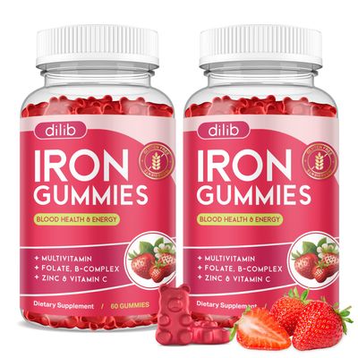 2 Pack Iron Gummies with Multivitamin, Iron Supplement for Women Men with Zinc, Vitamin B Complex C, B12, Folate - Blood Builder Energy Support for Adults Kids - Strawberry Flavor, Vegan 120ct