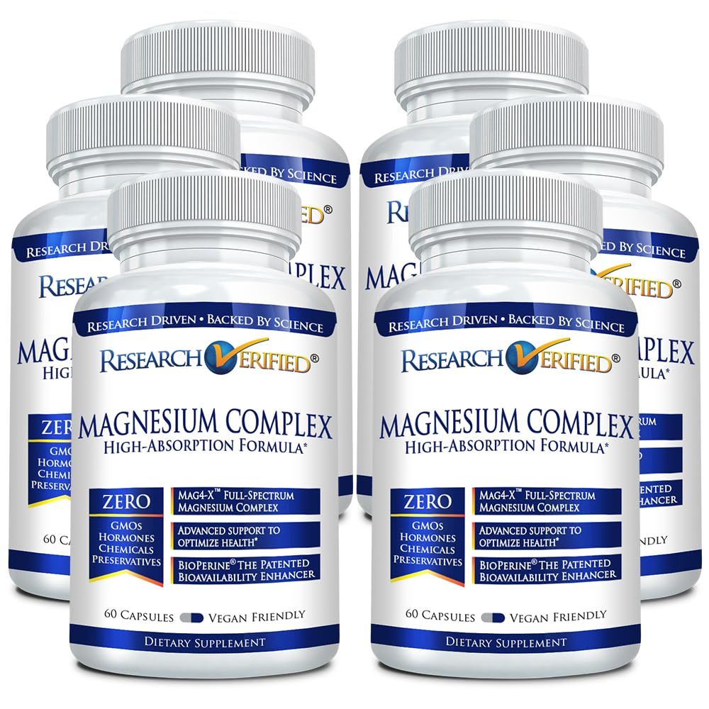 Research Verified Magnesium Complex - Brain, Muscle and Nerve Support - Magnesium Bisglycinate, Malate, Citrate, and Oxide - Bioperine - 360 Capsules - Vegan