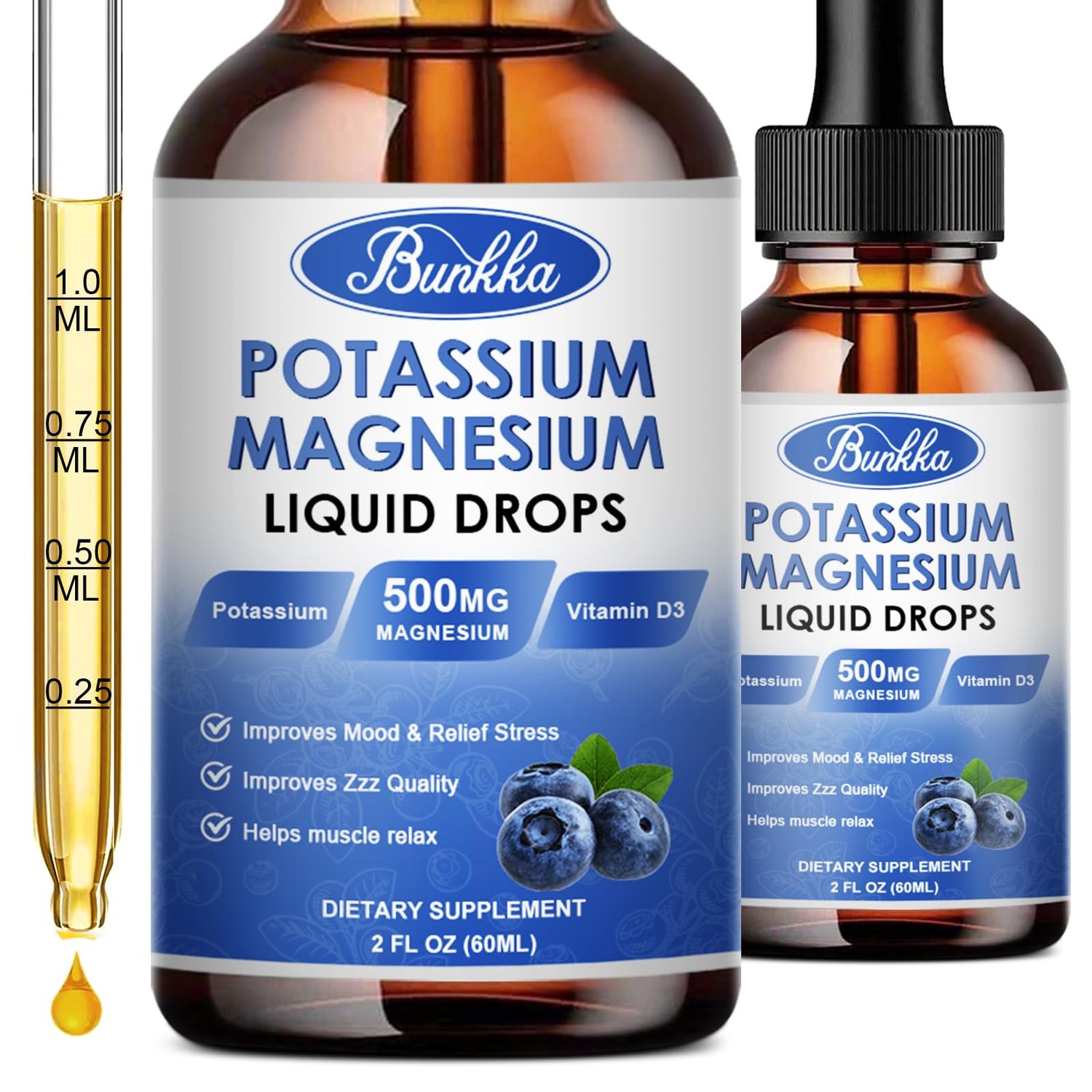 Bunkka Potassium Magnesium Liquid Drops Supplement with Potassium, Magnesium,Calcium, Vitamin D3, Zinc, for Leg Cramps, Energy, Metabolism, for Adult and Kid,Sugar Free