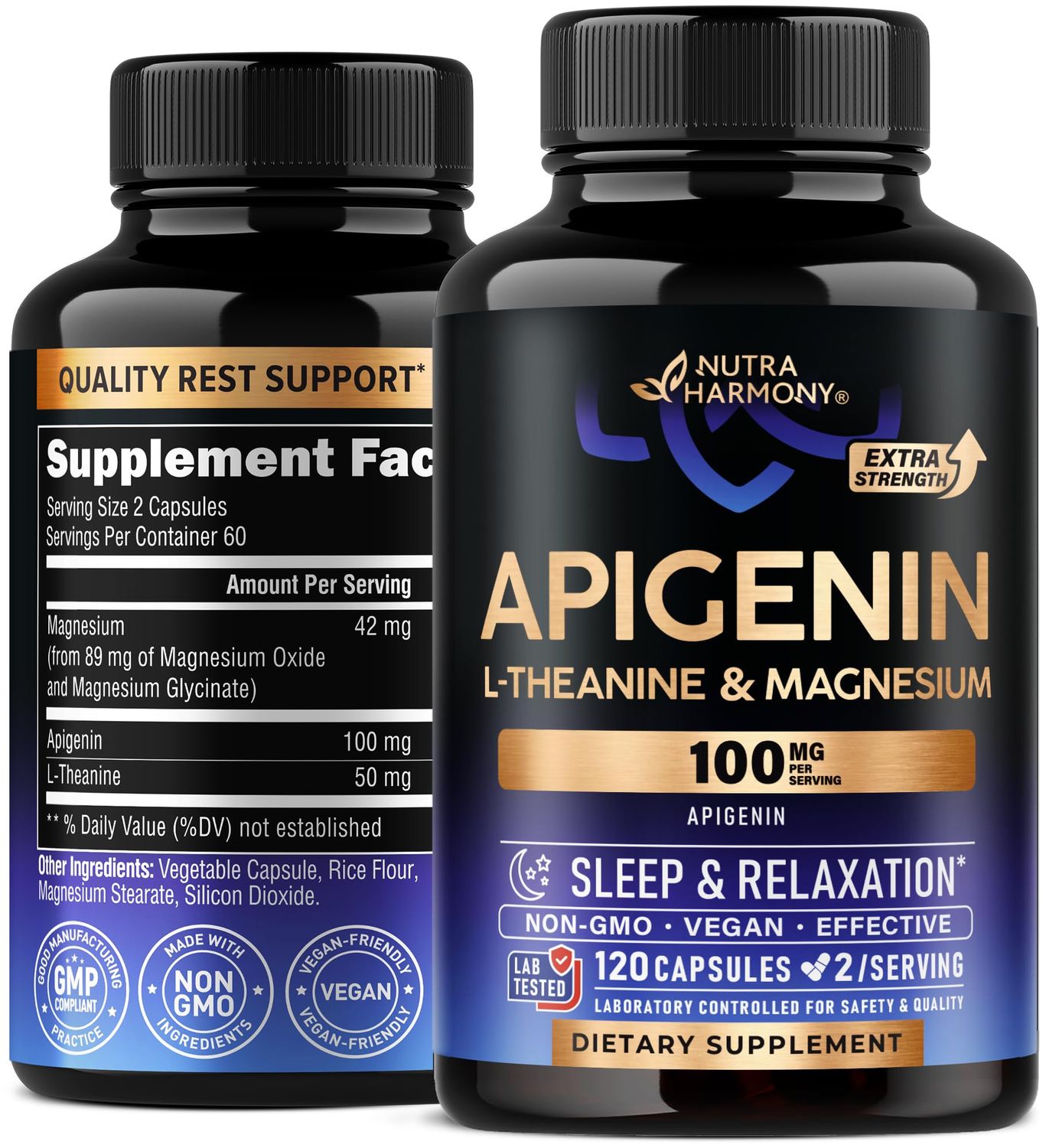 Apigenin 100mg - Apigenin Supplement for Sleep Support with L-Theanine Magnesium - Sleep, Stress Relief Relaxation Support for Adults - Naturally Derived from Chamomile - 120 Vegan Capsules