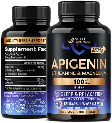 Apigenin 100mg - Apigenin Supplement for Sleep Support with L-Theanine Magnesium - Sleep, Stress Relief Relaxation Support for Adults - Naturally Derived from Chamomile - 120 Vegan Capsules