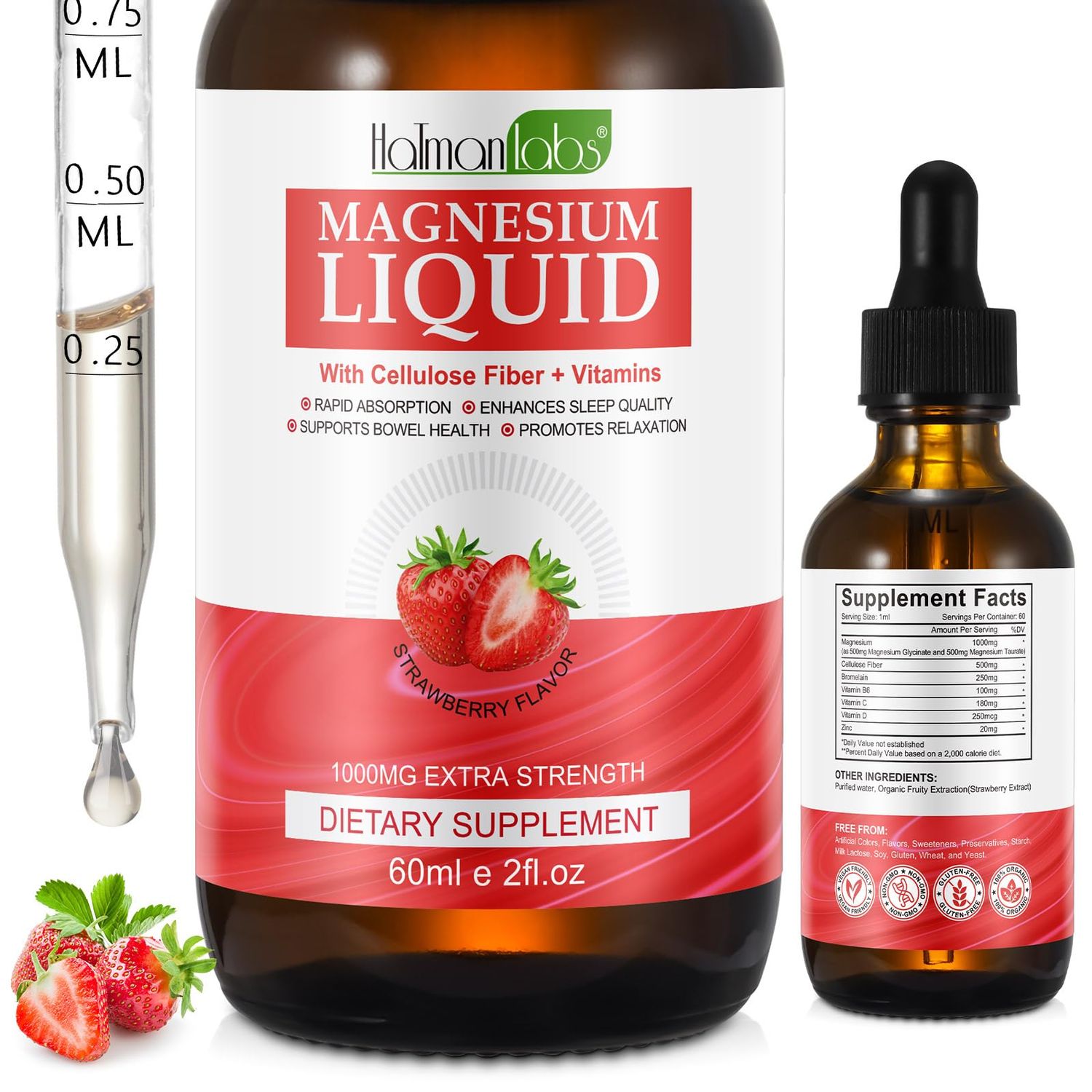 Magnesium Glycinate Liquid, High Absorption Magnesium Liquid, Magnesium Complex Drops with Vitamin B C D for Bone Health, Relaxation, Sleep, Heart Health, Muscles Support- Strawberry Flavor(2 Fl Oz)