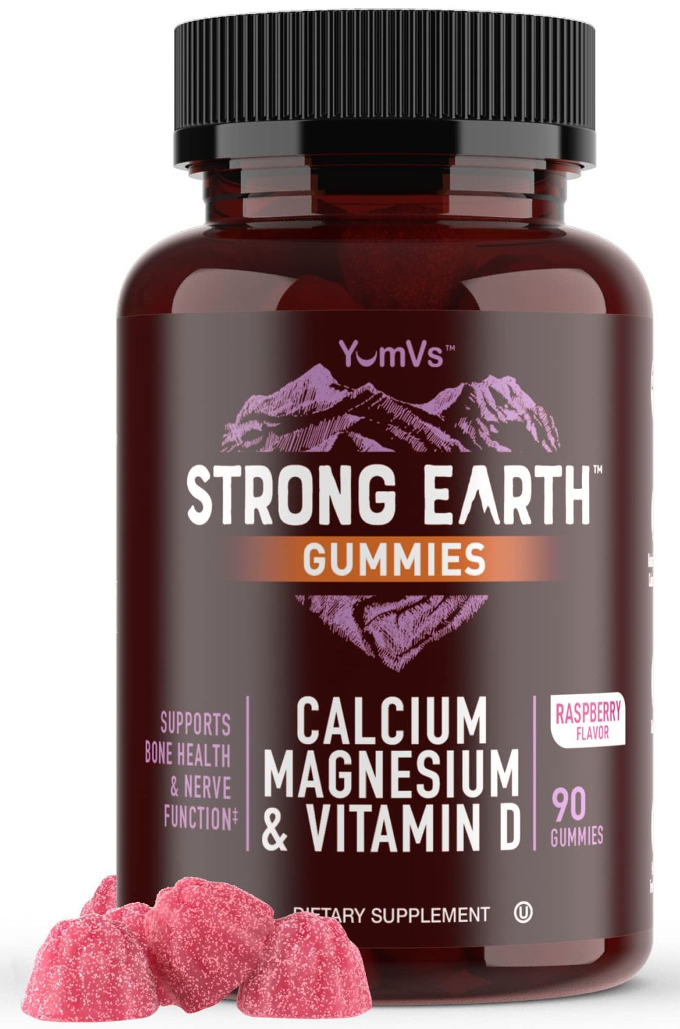 YUM-V&#39;S Strong Earth Calcium, Magnesium, Vitamin D3 Gummies, Vitamin Gummies, Calcium Supplement for Strong Bone Health for Women Men - Certified Kosher (90 Count)