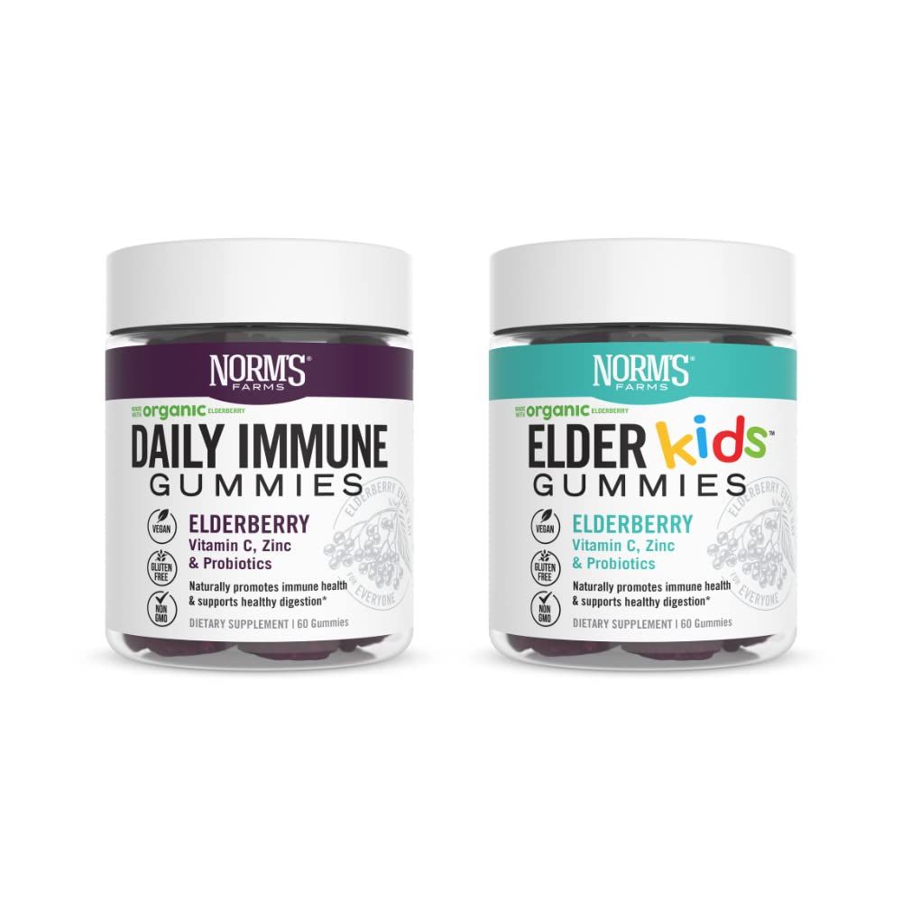 Norm&#39;s Farms Daily Immune and ElderKids Elderberry Gummies - Vitamin C, Zinc Probiotics - Vegan, Gluten Free, Kosher, Non-GMO - 120 Gummies