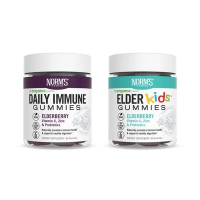 Norm&#39;s Farms Daily Immune and ElderKids Elderberry Gummies - Vitamin C, Zinc Probiotics - Vegan, Gluten Free, Kosher, Non-GMO - 120 Gummies