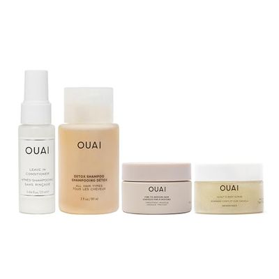 OUAI Travel Kit - Includes Travel Size Leave In Conditioner, Detox Shampoo, Fine to Medium Hair Mask, Scalp Body Scrub - Travel Size Stocking Stuffers for Women (4 Count)