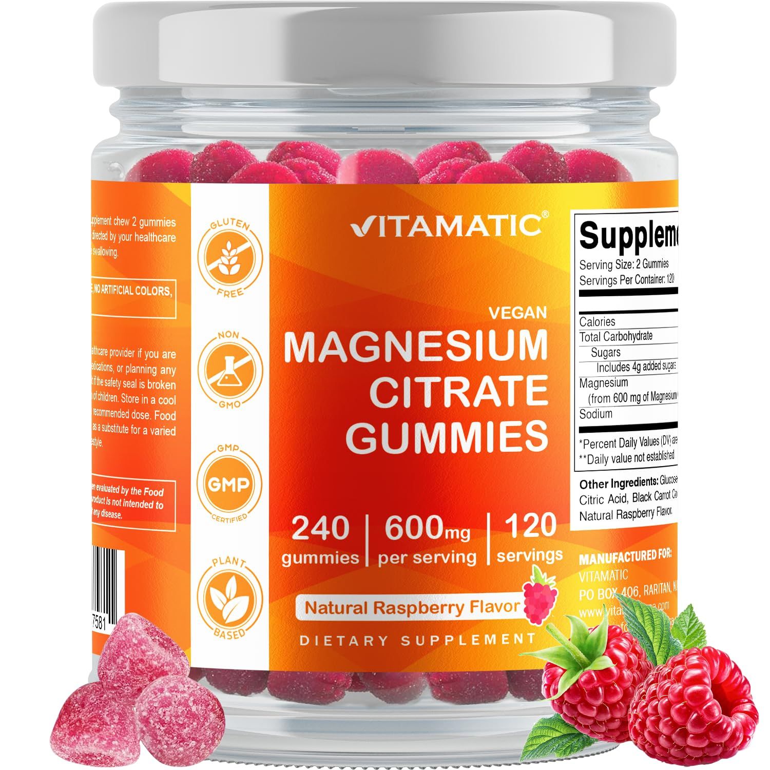 Vitamatic Magnesium Citrate Gummies 600mg per Serving - 240 Vegan Gummies - Natural Raspberry Flavor - High Absorption Magnesium Supplement - Supports Nerve, Bone and Muscle Health
