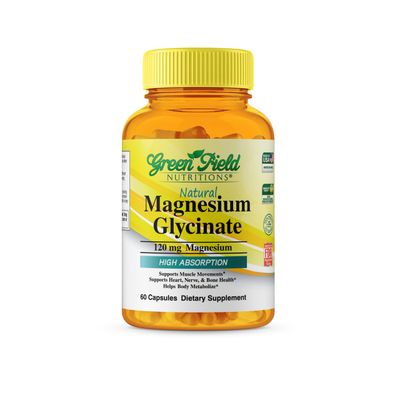 Greenfield Nutritions Halal Magnesium Glycinate 120mg (60 Capsules) - Gluten Free Pure Magnesium Supplement - Halal Vitamin Supports Nerve, Heart, Bones and Muscle Movements