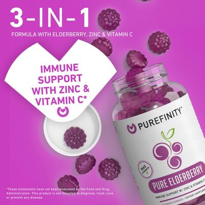 PUREFINITY Elderberry Gummies with Sambucus, Vitamin C, and Zinc - Your Perfect Daily 3-in-1 Supplement for Kids Adults - Gluten Free, Non-GMO, Vegan, 60 Count