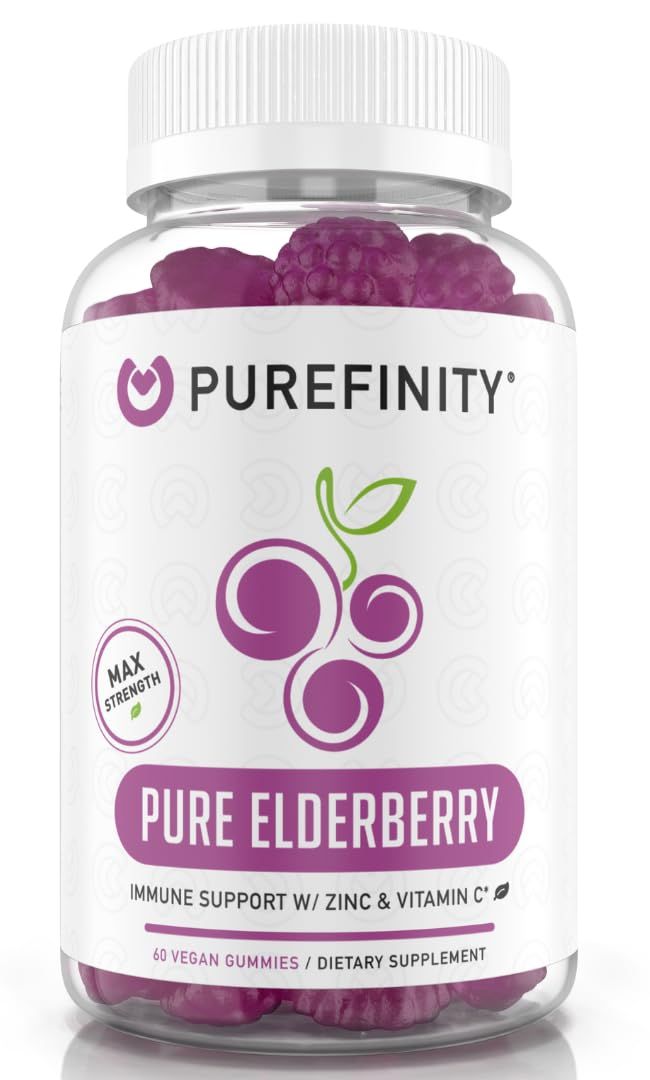 PUREFINITY Elderberry Gummies with Sambucus, Vitamin C, and Zinc - Your Perfect Daily 3-in-1 Supplement for Kids Adults - Gluten Free, Non-GMO, Vegan, 60 Count