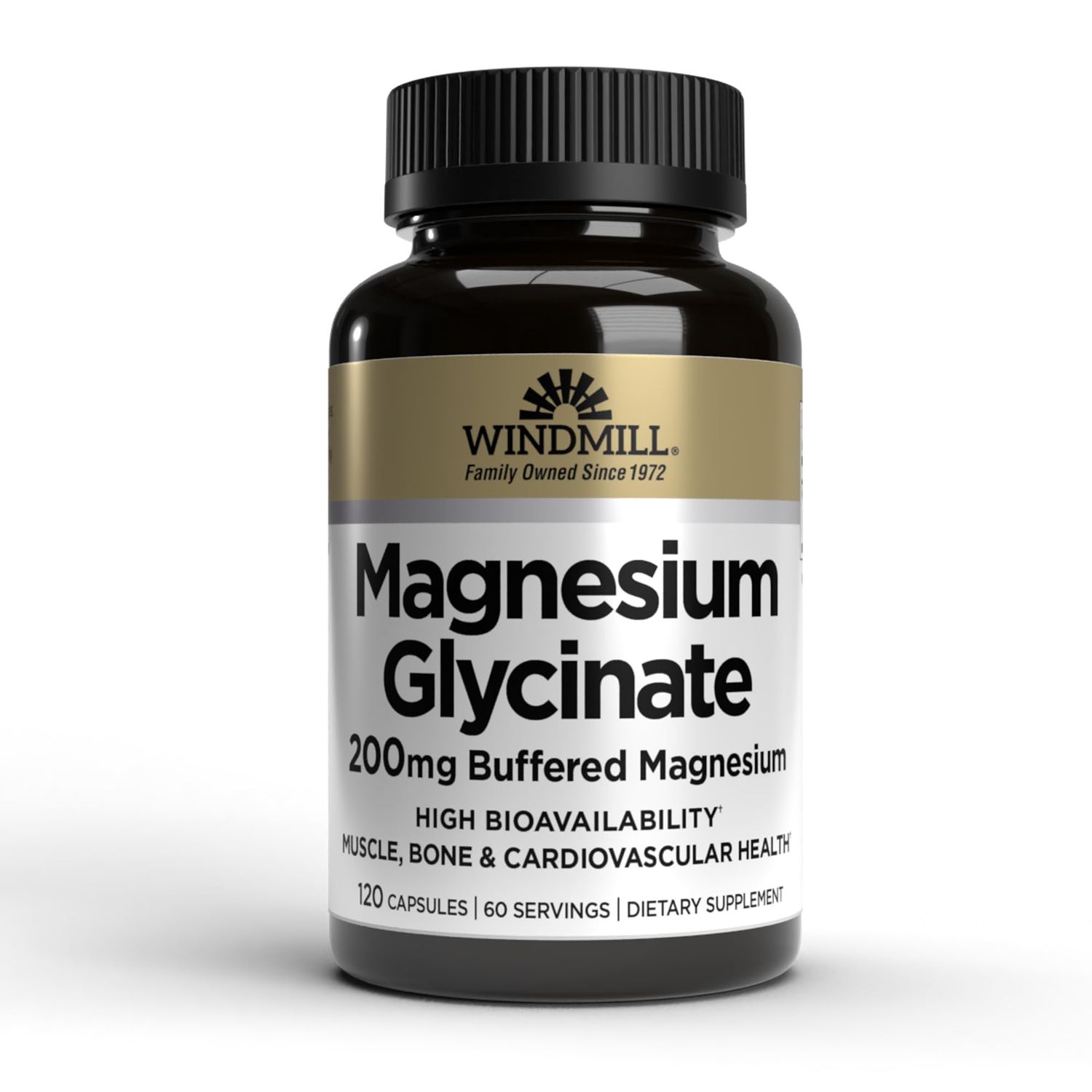 Windmill Natural Vitamins Magnesium Glycinate 200 mg, Supports Muscle, Joint, and Heart Health, Energy and Bone Support, Veggie Capsules, Gluten Free, Vegan, Non-GMO, 120 Capsules
