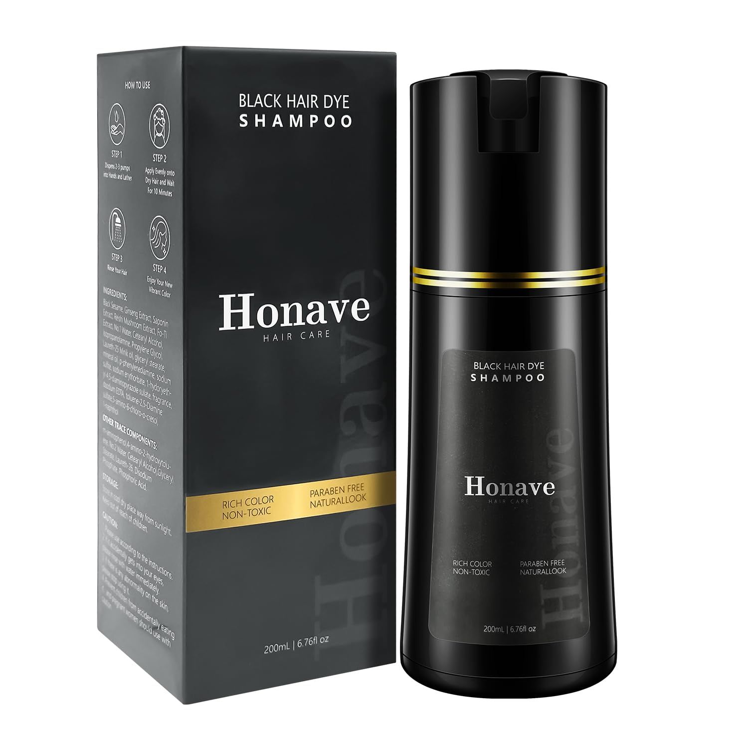 HONAVE hair dye shampoo,Hair Instant Dye Shampoo,Natural Hair Color Shampoo for Gray Hair Coverage,Hair Dye Shampoo 3 in 1,hair dye shampoo for men women (Black)
