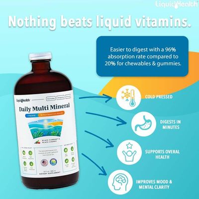 LIQUIDHEALTH Daily Multi Mineral Liquid Supplement with Fulvic Acid, Plant Based Ionic Aquamin Sea Trace Ocean Minerals - Immune Support, Energy, Gut Health, Detox - Vegetarian (2 Pack)