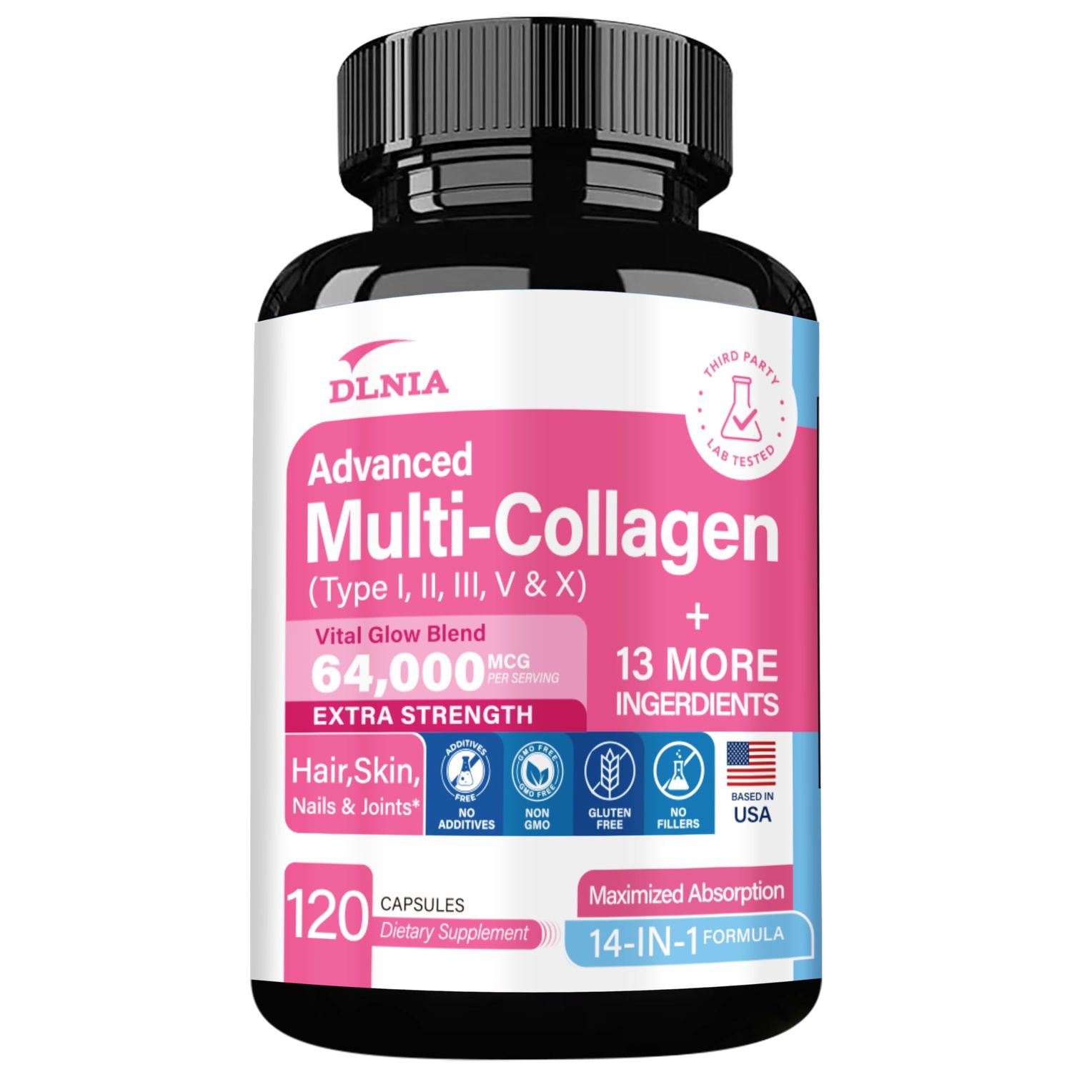 DLNIA Collagen Pills Peptides Types I, II, III, V X MCG Biotin Keratin Hyaluronic Acid MSM Vitamin A Vitamin C Vitamin E Folic Acid Zinc Magnesium with Grape Seed Extract, Quercetin