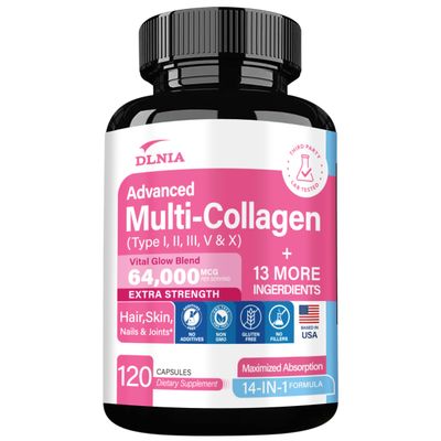 DLNIA Collagen Pills Peptides Types I, II, III, V X MCG Biotin Keratin Hyaluronic Acid MSM Vitamin A Vitamin C Vitamin E Folic Acid Zinc Magnesium with Grape Seed Extract, Quercetin