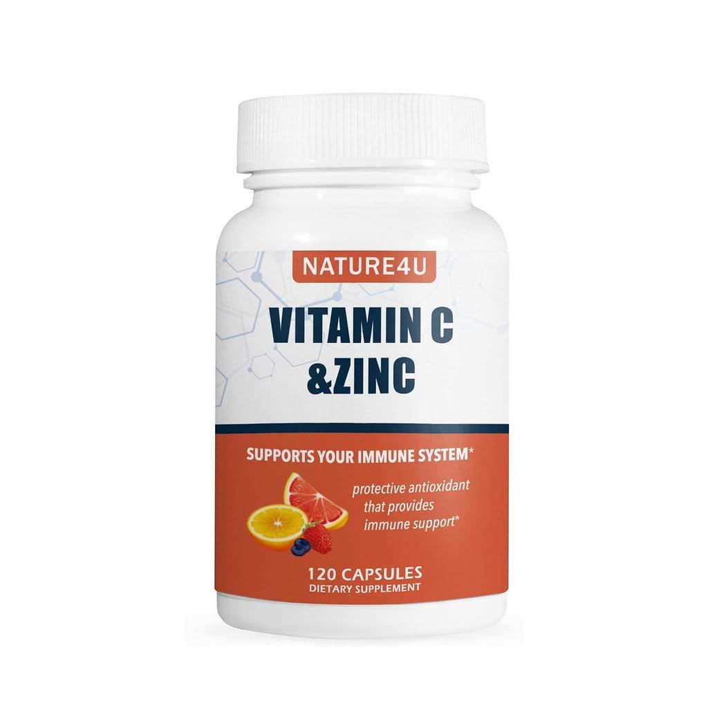 Nature4U Vitamin C 1000mg with Zinc, Rose HIPS and Citrus Bioflavonoids, Immune Support Supplement Antioxidants Protection, 120 Capsules