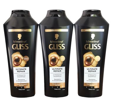 GLISS Hair Repair Shampoo, Ultimate Repair for Heavily Damaged Hair, 13.6 Ounces (Pack of 3)