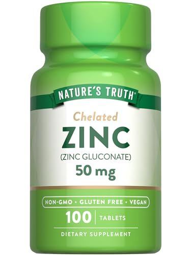 Nature&#39;s Truth Chelated Zinc 50mg 100 Tablets Essential Mineral Supplement from Zinc Gluconate Vegan, Non-GMO Gluten Free