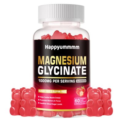Magnesium Glycinate Gummies 1000mg - Sugar Free Magnesium Potassium Supplement with Vitamin D, B6, CoQ10 for Calm Mood Sleep Support - 60 Strawberry Gummies.