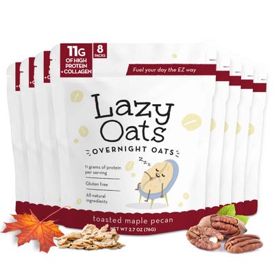 Lazy Oats - Toasted Maple Pecan Gourmet Overnight Oats Made Easy, All Natural, Gluten Free, High Protein - No Cook Breakfast on the go, Ready in Your Fridge (8 Convenient Packs)