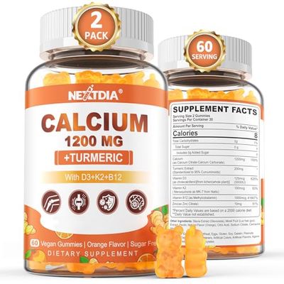 Calcium Gummies with Turmeric for Women Men - Calcium 1200mg with Vitamin D3 K2 B12 5000 IU Zinc, Suger-Free Calcium Supplements for Bone, Muscle Immune Support - Vegan(120 Count)
