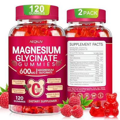 Magnesium Glycinate Gummies 600mg, Chewable Sugar Free Potassium Magnesium Gummies (120 Count (Pack of 1), Raspberry)