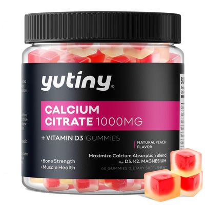 Yutiny Calcium Citrate Filled Gummies, Extra Absorption Calcium Citrate 1000mg with Vitamin D3, K2 Magnesium, Chewable Supplement for Bone, Muscle Health, 60 Count