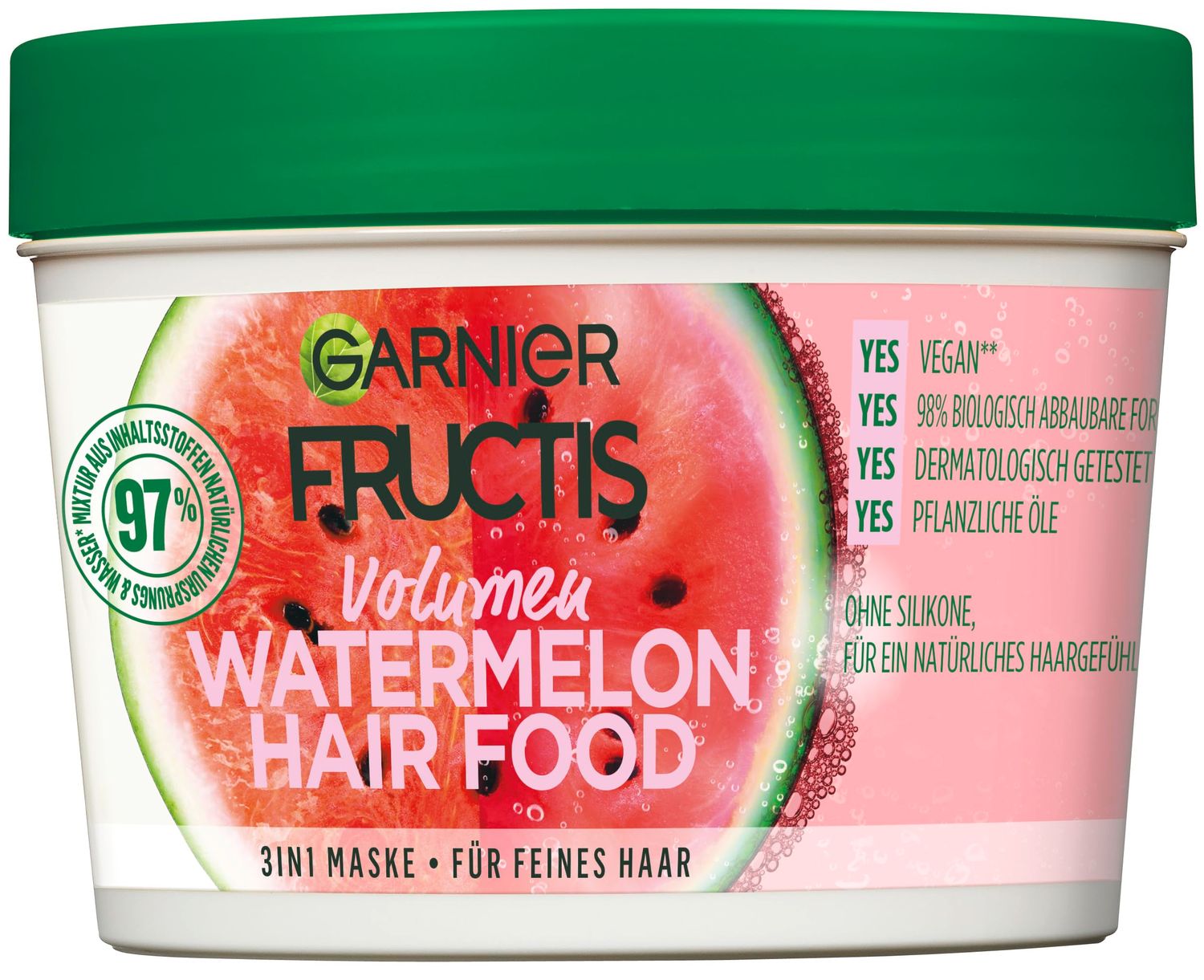 Garnier Hair Mask, Watermelon Hairfood, Moisturising 3-in-1 Mask, Gently Detangles Fine Hair and Gives Unrivalled Shine, Fructis, 390 ml